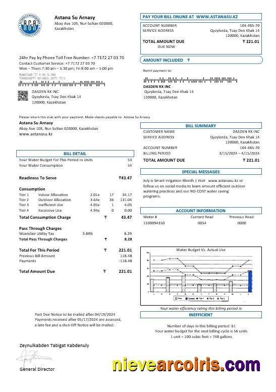 Kazakhstan Astana Su Arnasy business utility bill